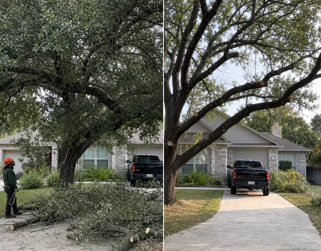 Before-and-after view of canopy raising over a driveway with improved vehicle clearance