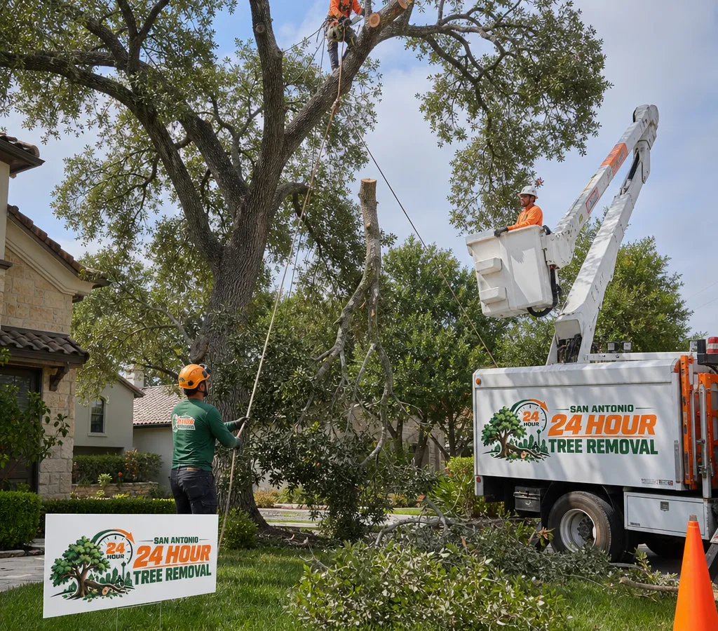 Crew trimming a mature residential tree with ropes and a bucket truck in a San Antonio front yard