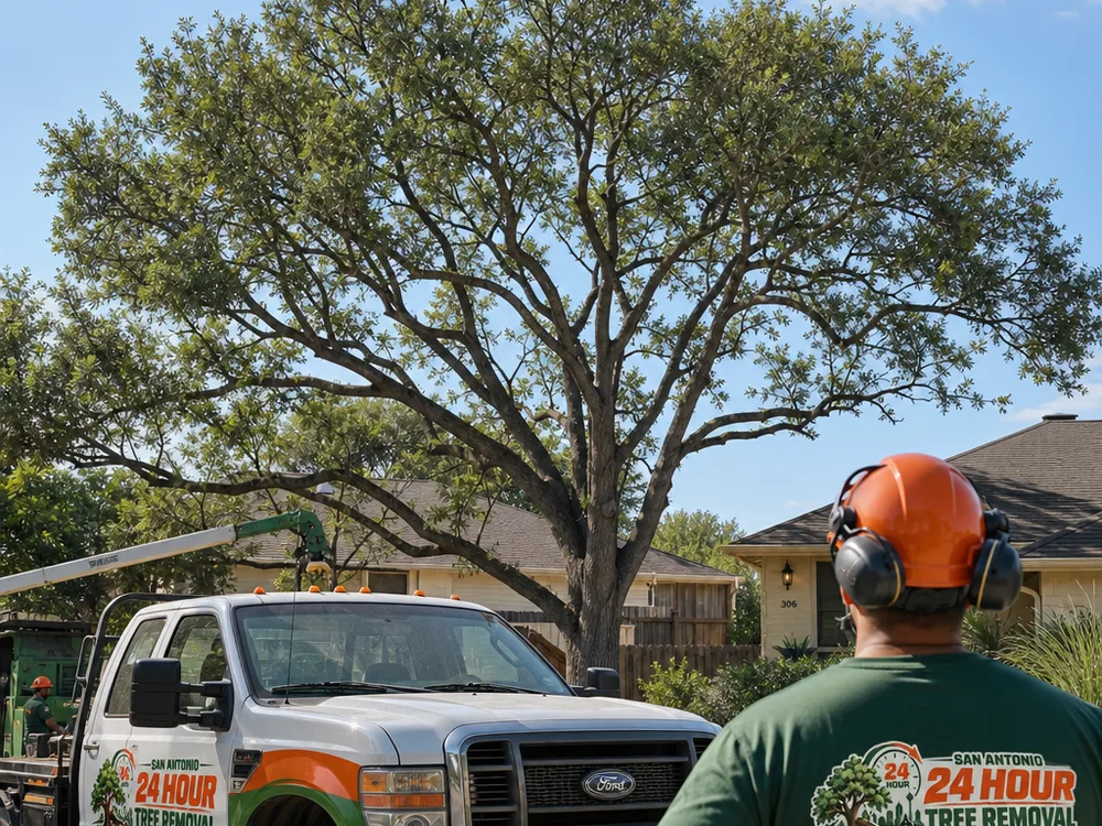 Balanced tree canopy after selective thinning with a cleared roofline and no topping cuts
