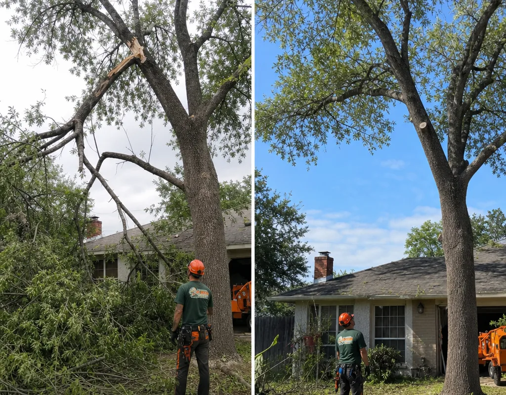 Before-and-after view of a storm-damaged tree after hazard removal and corrective pruning