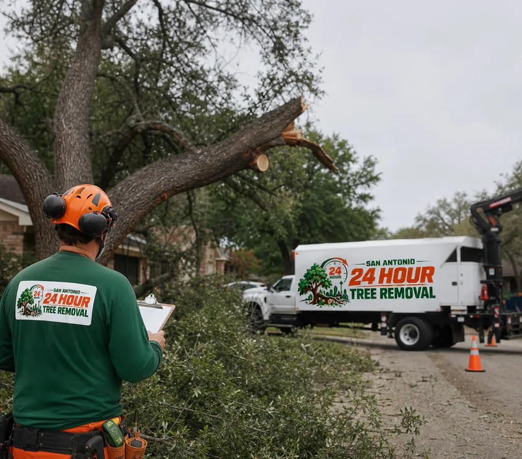 Certified arborist assessing storm damage in a large live oak on a San Antonio residential street