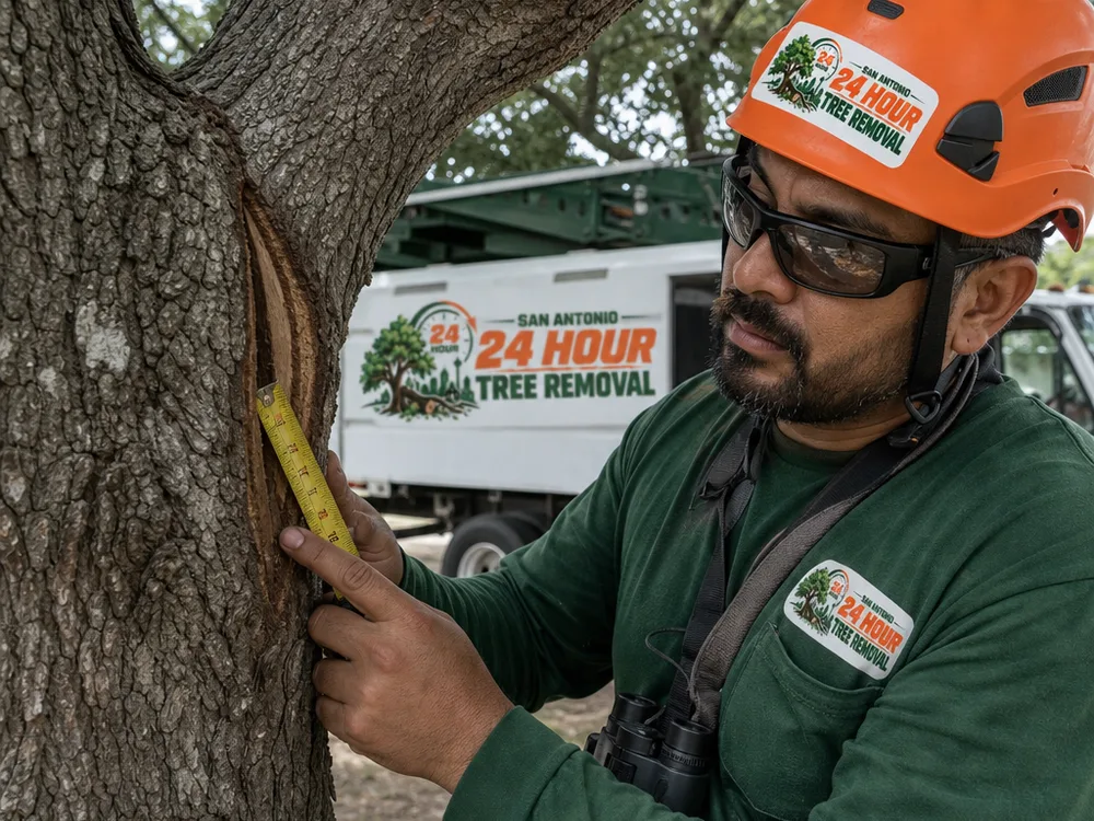 Arborist inspecting a branch union and bark inclusion on a mature oak
