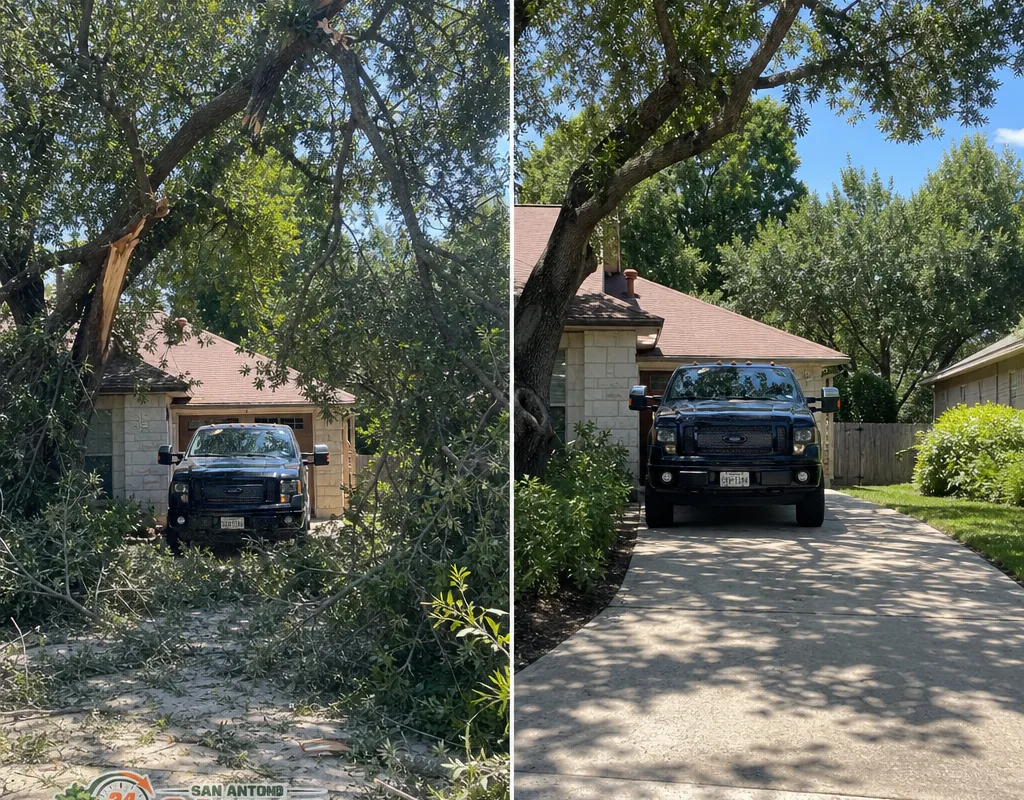 Before-and-after view of a split storm-damaged limb over a driveway followed by a balanced canopy and cleared driveway