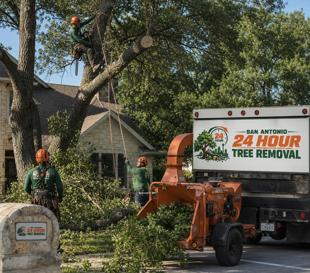 Arborist crew in safety gear performing a controlled tree removal in a San Antonio residential yard with rigging ropes and a chipper safely staged at the curb