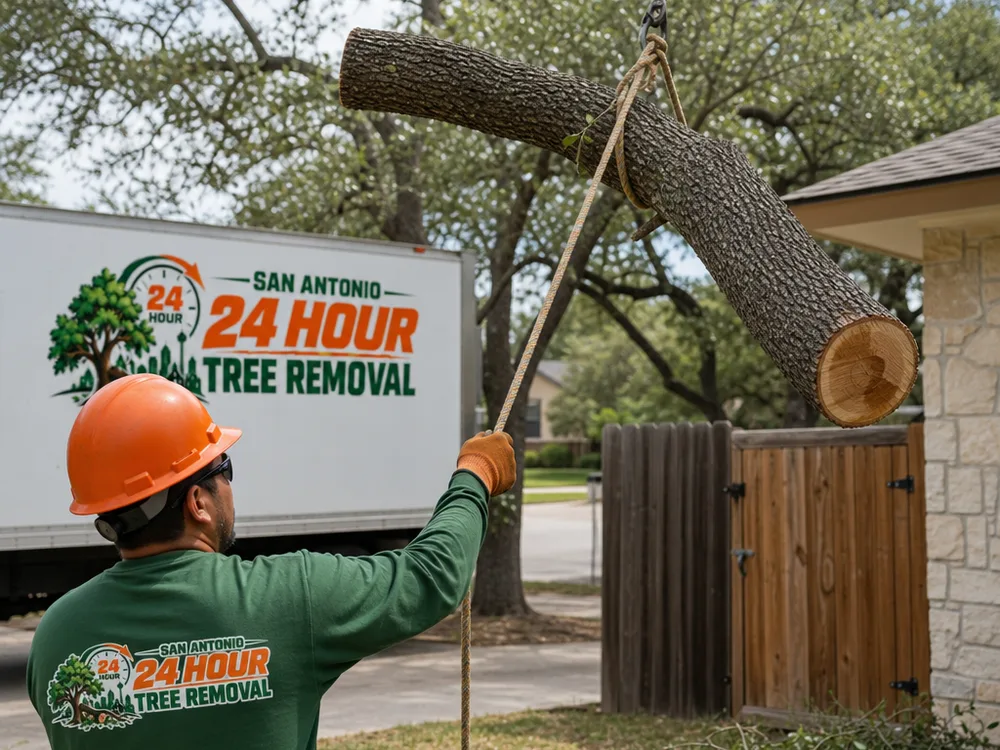 Controlled limb lowering with rope rigging while a ground worker guides the drop zone away from a roofline and fence