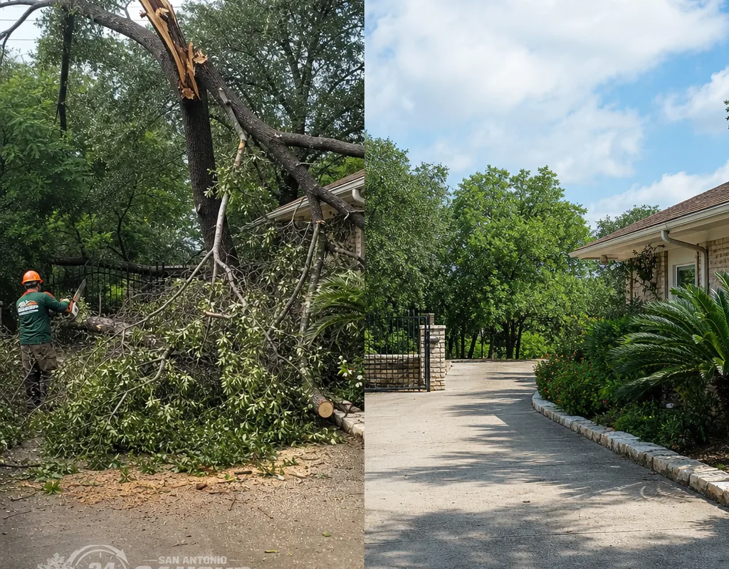 Before-and-after of a storm-damaged split tree over a driveway and the cleared area after sectional cutting