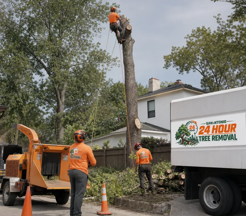 San Antonio tree crew performing a controlled tree cut with rigging lines, a chipper, and a protected drop zone