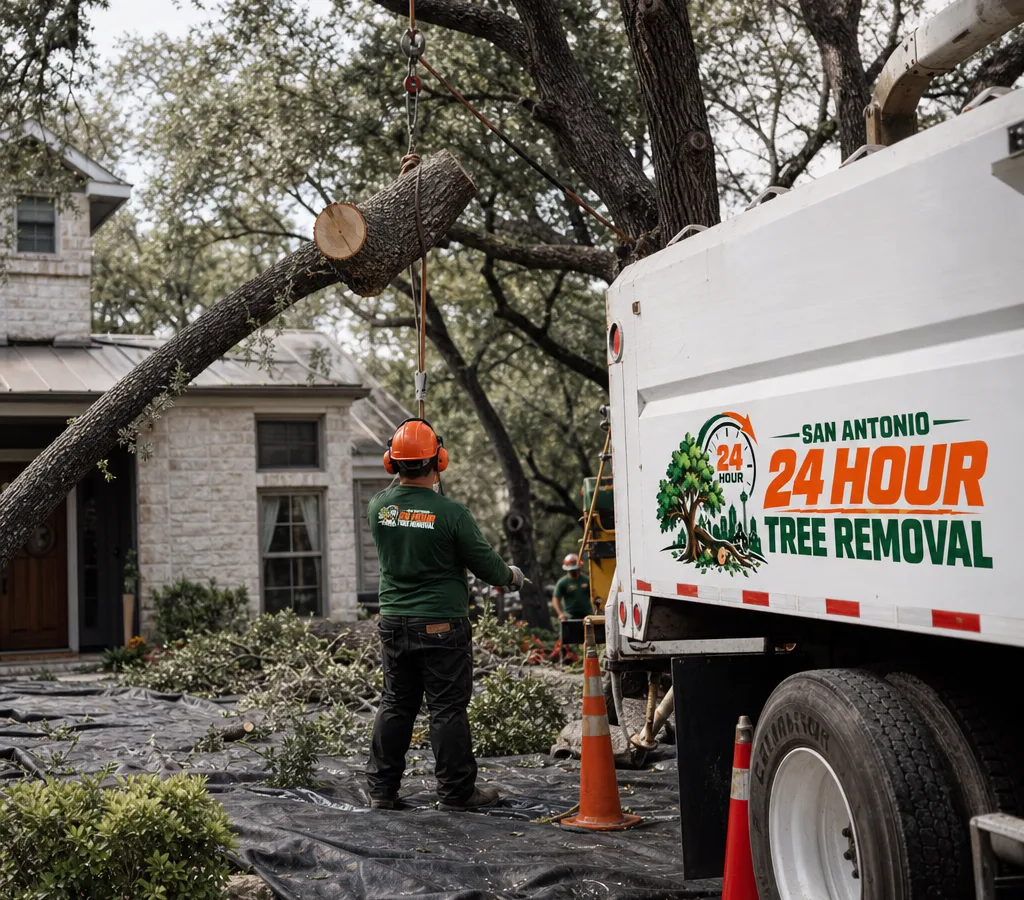 Tree crew using ropes and rigging to remove a storm-damaged tree beside a San Antonio home
