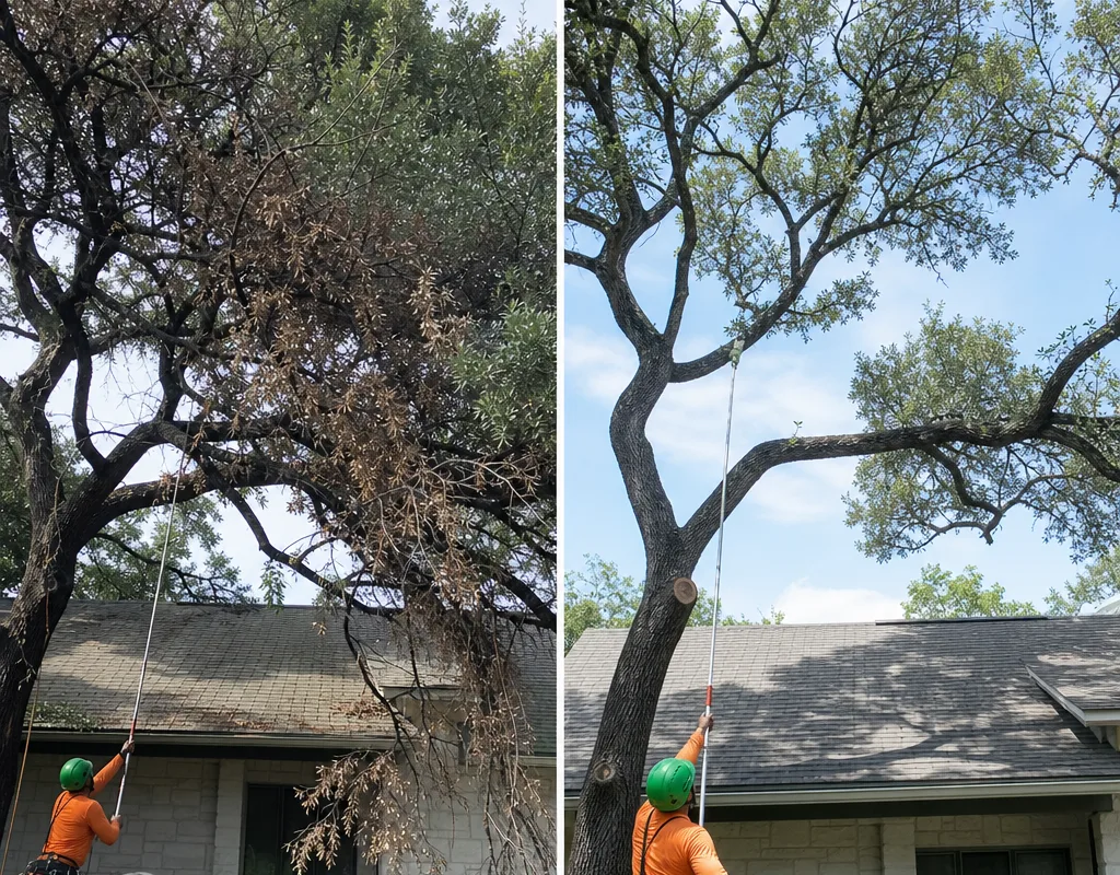 Before and after view of a mature tree with deadwood removed and canopy balanced above a roofline without topping