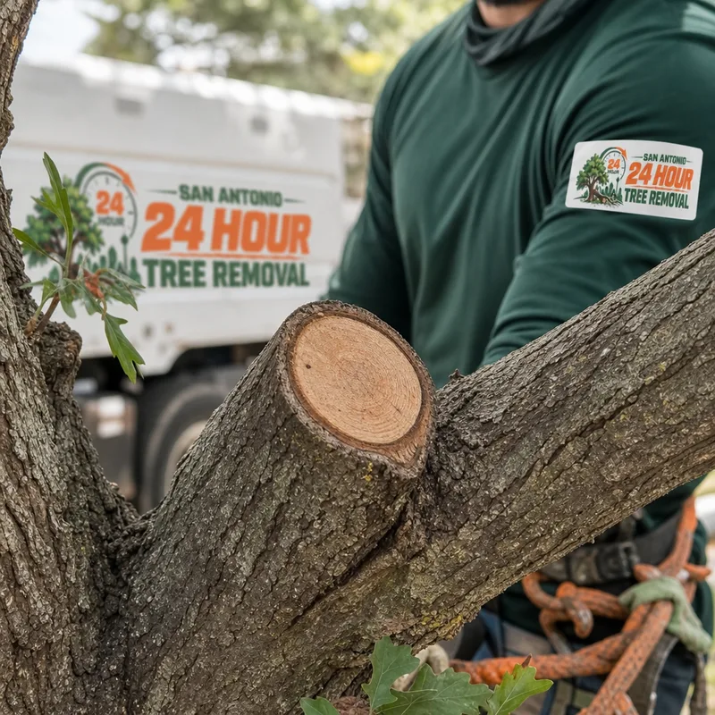 Close-up of a clean pruning cut placed at the branch collar on a medium limb