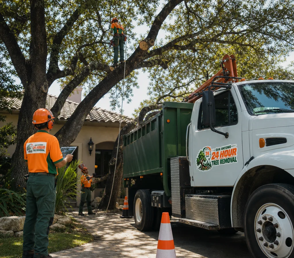 Certified arborist crew evaluating a mature tree near a San Antonio home and driveway with cones and proper PPE
