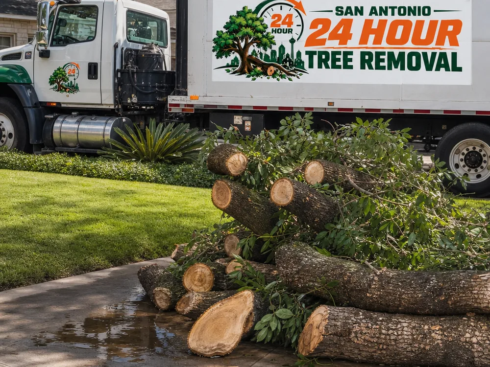 Properly cut limbs staged neatly beside a raked lawn and clean hardscape after pruning