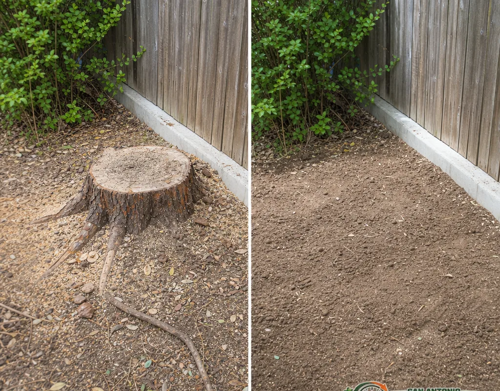 Before-and-after view of a fence-line stump ground below grade and leveled with clean backfill ready for sod