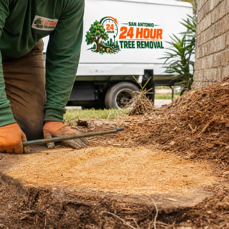 Finished below-grade stump removal area with a smooth raked surface and chips collected for optional haul-off