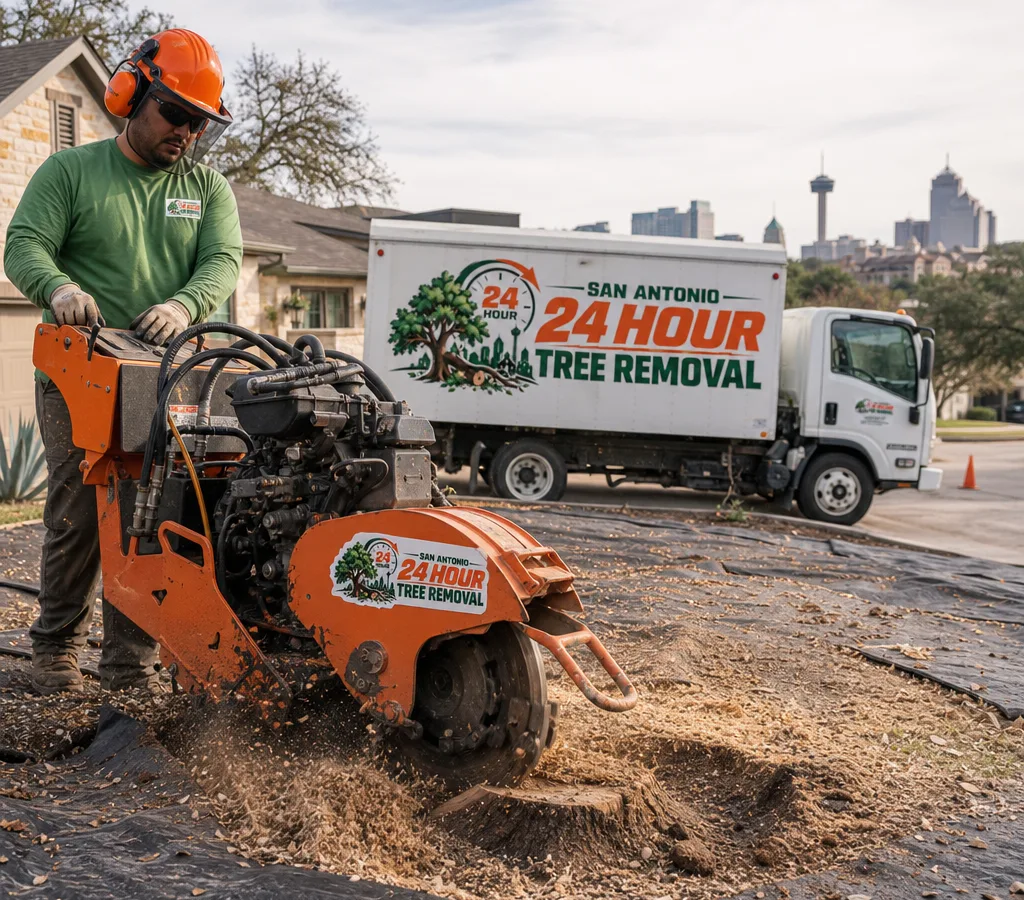 Tree stump in a San Antonio front yard being ground below grade with a stump grinder, protective mats, and debris control