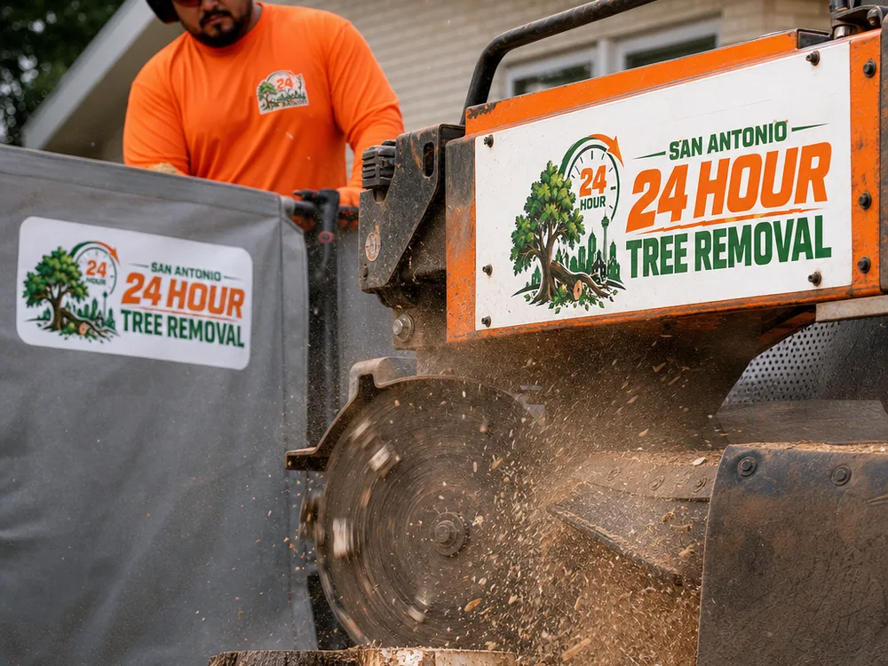 Stump grinder wheel cutting into a stump with a protective barrier controlling debris around the work zone