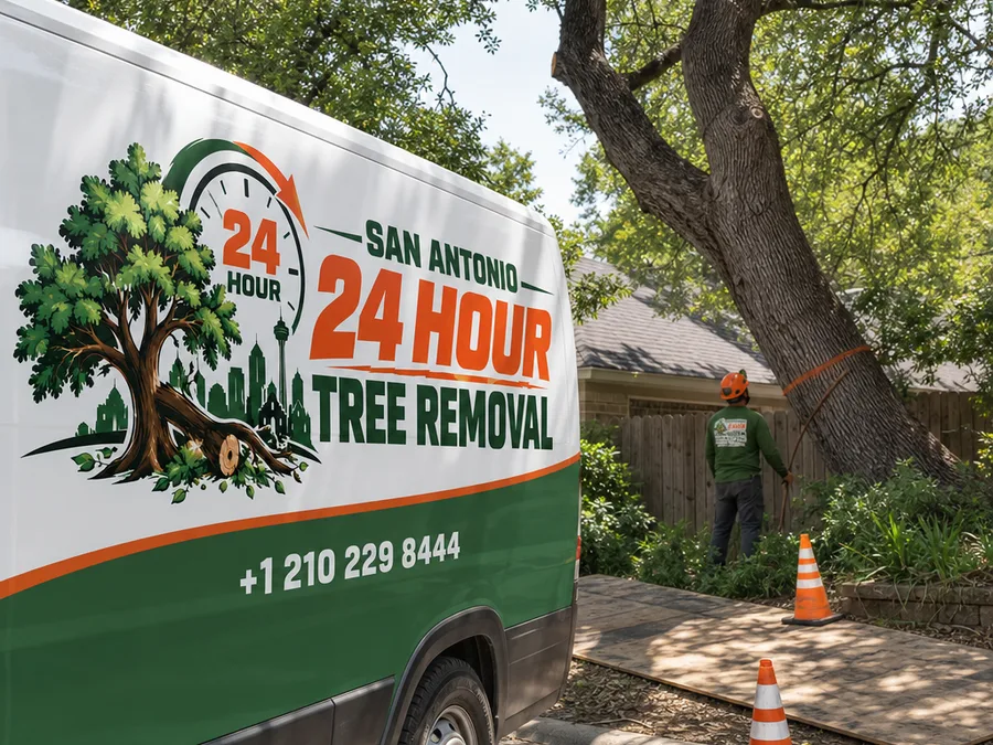 Arborist assessing a leaning tree and setting a protected work zone near a San Antonio fence and landscaping