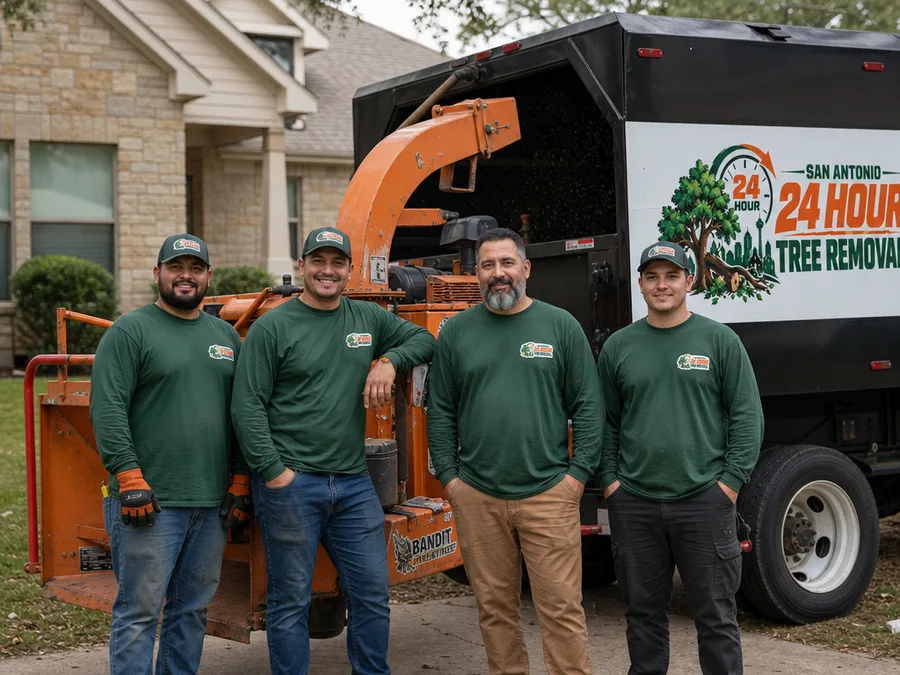 San Antonio tree crew beside their chipper and truck at a clean completed removal site